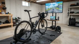 A heavy duty bike mat placed under an indoor bicycle trainer in a modern basement gym.