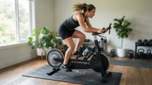 A heavy duty bike mat minimizing floor noise and vibrations during a high-speed sprint interval.