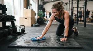 A sweat-resistant heavy duty bike mat wiping clean easily after an intense morning cycling workout.