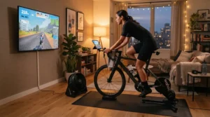 A noise reduction bike mat protecting hardwood floors in a modern apartment during an evening workout.