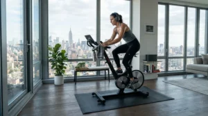 Indoor stationary bike setup featuring a noise reduction bike mat inside a high-rise condominium.