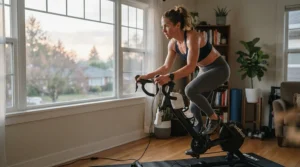 An athlete training quietly at dawn using a noise reduction bike mat to keep the house peaceful.