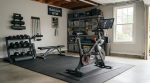 A complete garage home gym layout anchored by a thick noise reduction bike mat under the trainer.