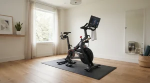 An indoor trainer placed on a noise reduction bike mat in a carpeted spare bedroom.