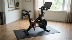 A non-slip exercise bike mat keeping an upright stationary bike completely steady on smooth laminate flooring.