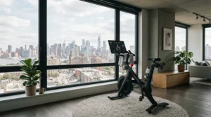 Compact stationary bike with platform pedals for spin bike set up in an apartment corner