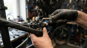 Hands using a wrench to attach platform pedals for spin bike to the crank arm