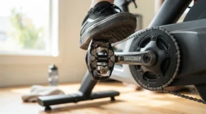 Close-up of platform pedals for spin bike installed in a modern home gym with natural light