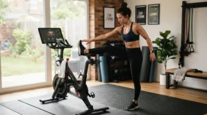 A fitness enthusiast starting a morning workout using platform pedals for spin bike