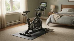 A thick exercise bike mat positioned on apartment carpet to reduce vibration and noise during cycling sessions.