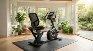 A wide exercise bike mat providing full floor coverage underneath a comfortable recumbent exercise bike.